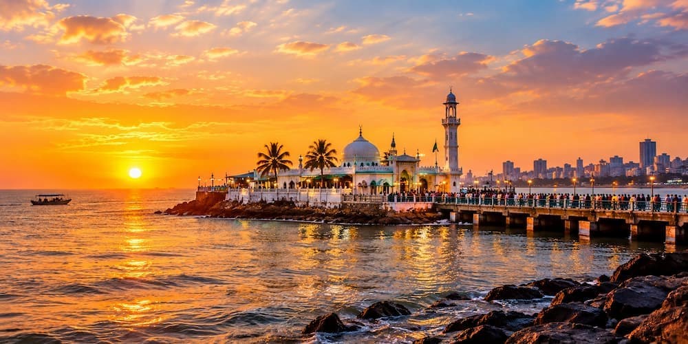 Muslim pilgrims crossing the causeway to Haji Ali Dargah on a Halal-friendly Mumbai visit