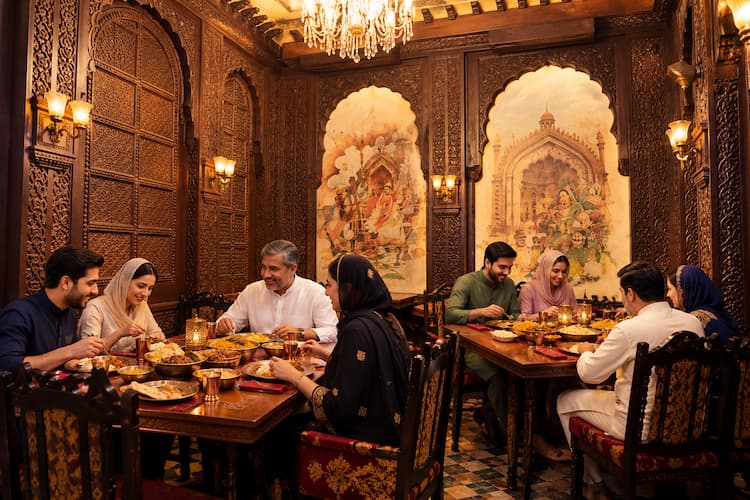 Muslim family enjoying halal Awadhi kebabs and biryani on a traditional dastarkhwan in Lucknow