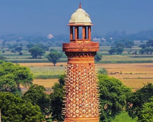 The Hiran Minar, or Elephant Tower, a unique tusk-studded monument at Fatehpur Sikri