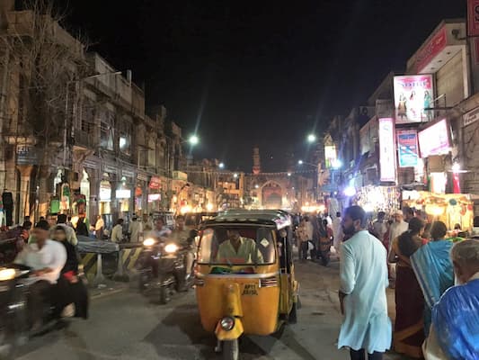 The narrow, historic streets of Hyderabad's old city, a highlight of Halal-friendly tours in Hyderabad