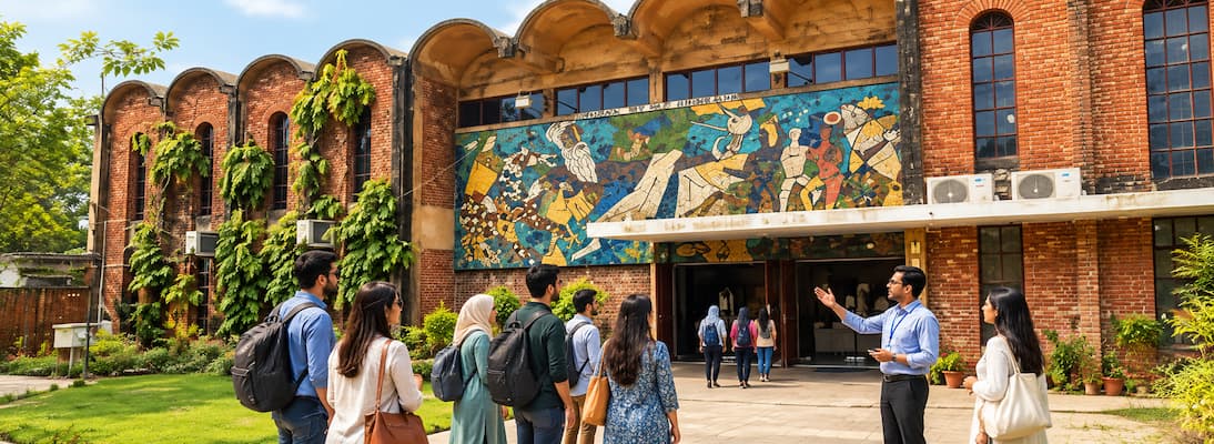 Muslim travelers exploring the Musa Dakri Museum on the Aligarh Muslim University campus