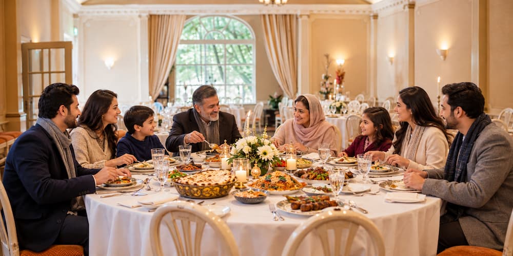 Muslim family enjoying halal Kashmiri Wazwan cuisine in Ladakh