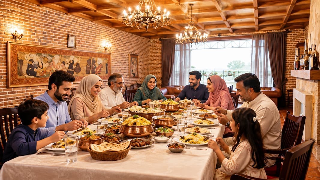 Muslim family enjoying authentic Hyderabadi biryani on the Hyderabad Golden Triangle Tour
