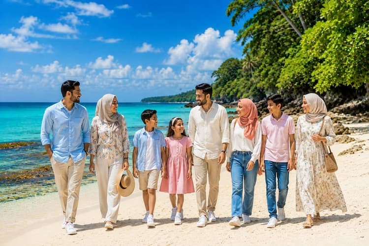 Muslim family enjoying Radhanagar Beach, voted Asia's Best Beach, in Andaman