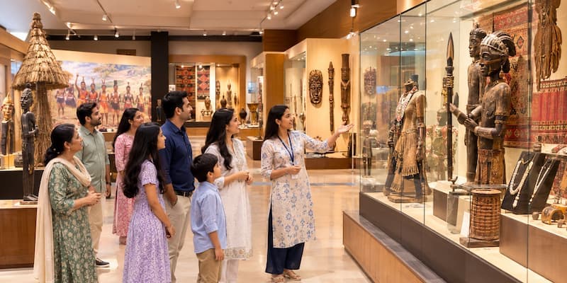 Muslim family exploring the Tribal Museum's galleries of tribal art and traditions in Bhopal