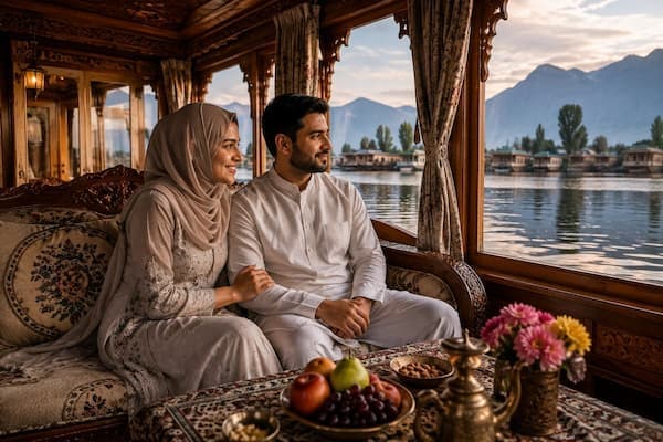 Muslim honeymoon couple enjoying Dal Lake houseboat stay on 6-Day Kashmir Halal Tour