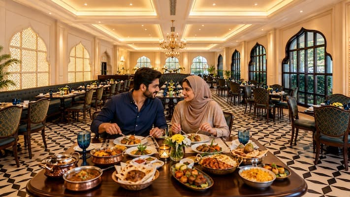 Muslim honeymoon couple dining on Halal food in Udaipur during the Rajasthan 7-Day Halal Tour