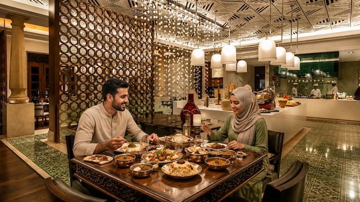 Muslim honeymoon couple enjoying halal-certified coastal seafood in Goa