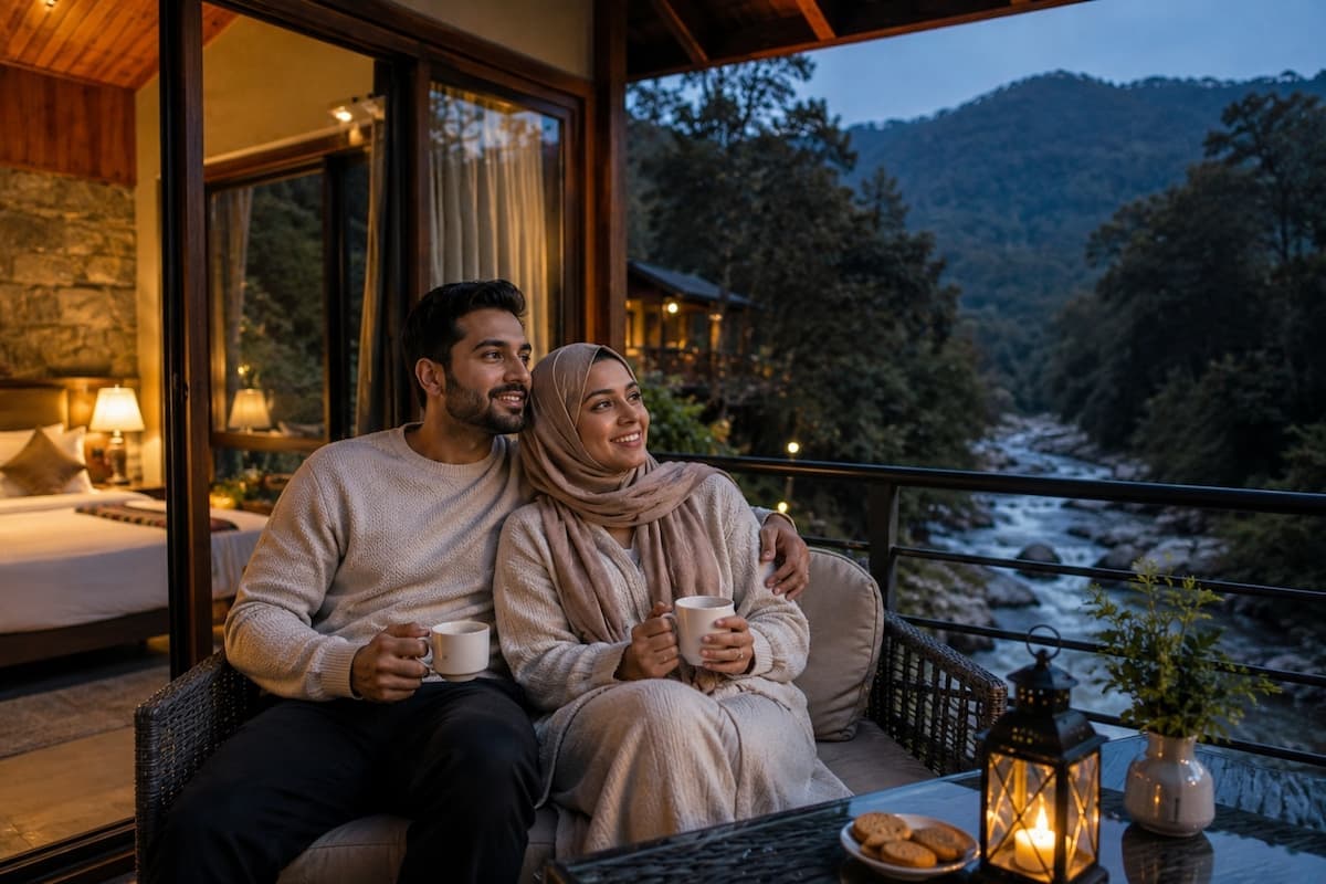 Muslim honeymoon couple enjoying a luxury Halal-friendly resort in Jim Corbett
