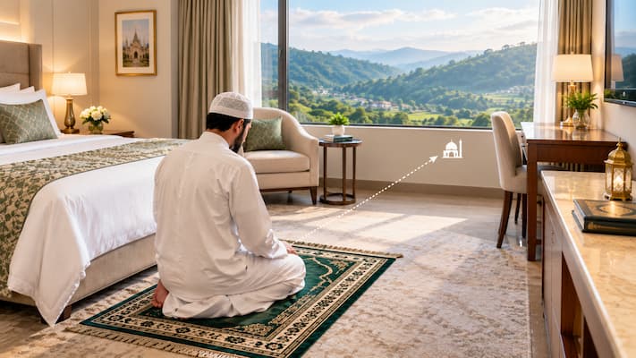 Muslim traveller praying in a Muslim-friendly hotel room with a prayer mat and Qibla direction indicated