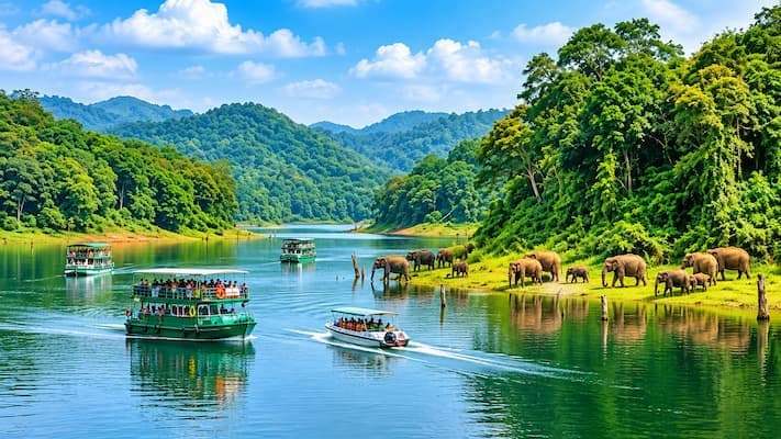 A wildlife boat ride on Periyar Lake, Thekkady, during this 9-Day Kerala Halal Tour