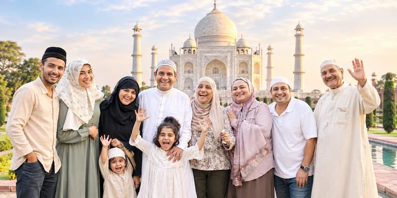 Muslim family visiting the Taj Mahal, a masterpiece of Mughal architecture, on the Bhopal Taj Mahal Tour