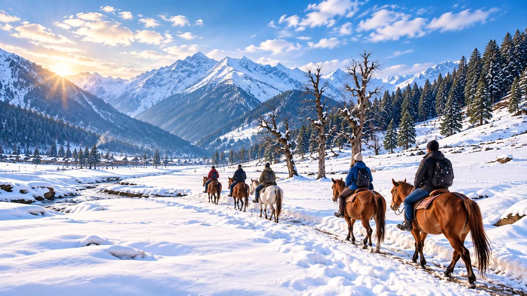 Muslim travelers on a pony ride to Thajiwas Glacier near Sonmarg, Kashmir
