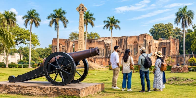 Muslim family exploring the historic ruins of the Residency, site of the 1857 Siege of Lucknow