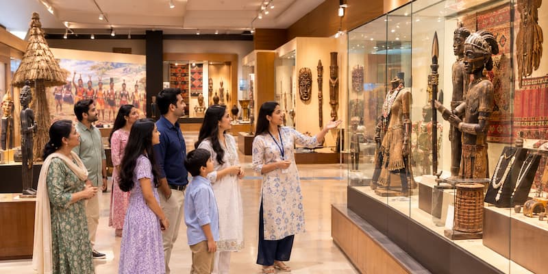 Muslim family exploring the Tribal Museum's galleries of tribal art and traditions in Bhopal